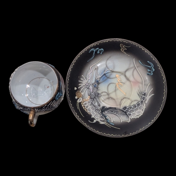 Antique Japonisme Moriage Black Dragon Ware Lithophane Nude Geisha Cup & Saucer - Picture 5 of 7